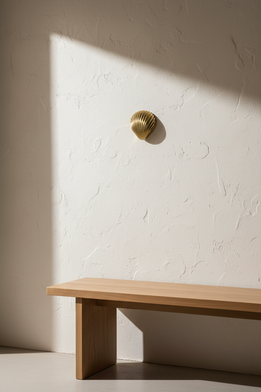 A minimalist interior scene with a light wood bench against a textured off-white wall, where a small gold seashell-shaped wall sconce is mounted in the sunlight.