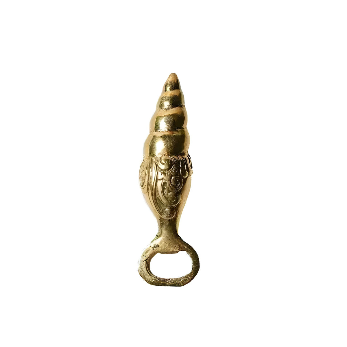 Shell shaped bottle opener in polished gold brass, spiral conch handle with engraved scrollwork, upright view