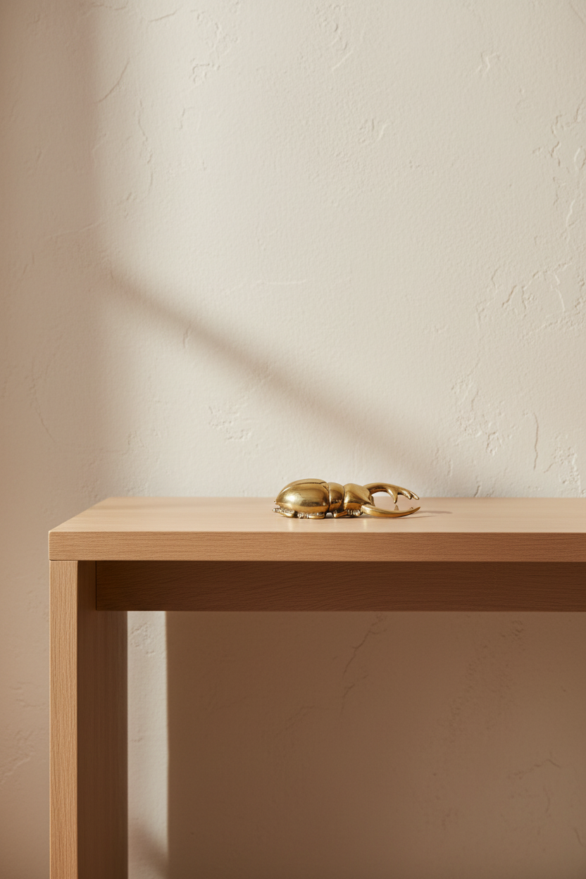A polished gold beetle-shaped wall hook or decorative sculpture resting on a light wood console table against a textured beige plaster wall.