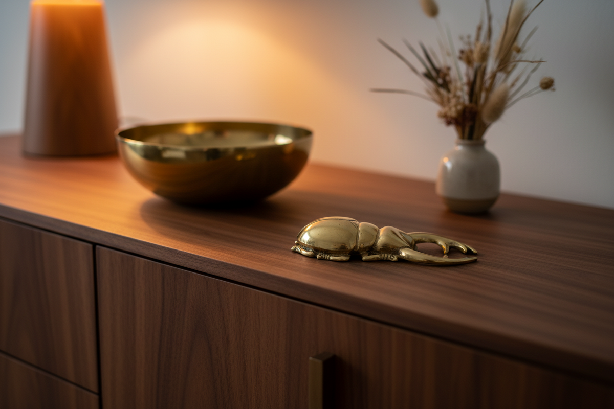 A polished brass lobster figurine ornament resting on a dark wood sideboard, with a matching brass bowl and a small vase of dried grass in the background.