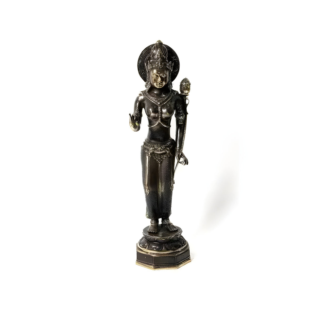 Majapahit Devi Tara statue in black polish finish, full front view, ornate crown and jewelry on white