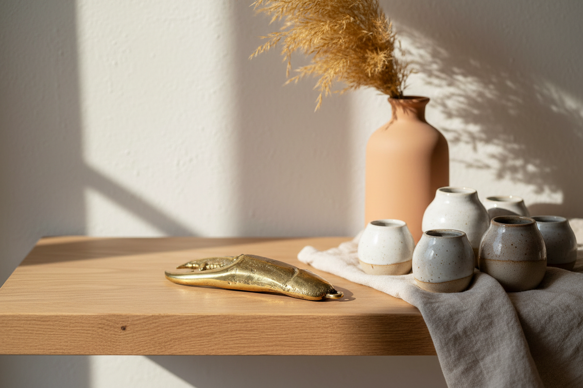 A styled interior scene with a light wood floating shelf against a textured off-white wall. On the shelf are several ceramic vases and cups in warm off-white, beige, and gray tones, a metallic gold decorative object, and a terracotta vase holding dried pampas grass. Natural sunlight casts soft shadows across the wall and shelf.