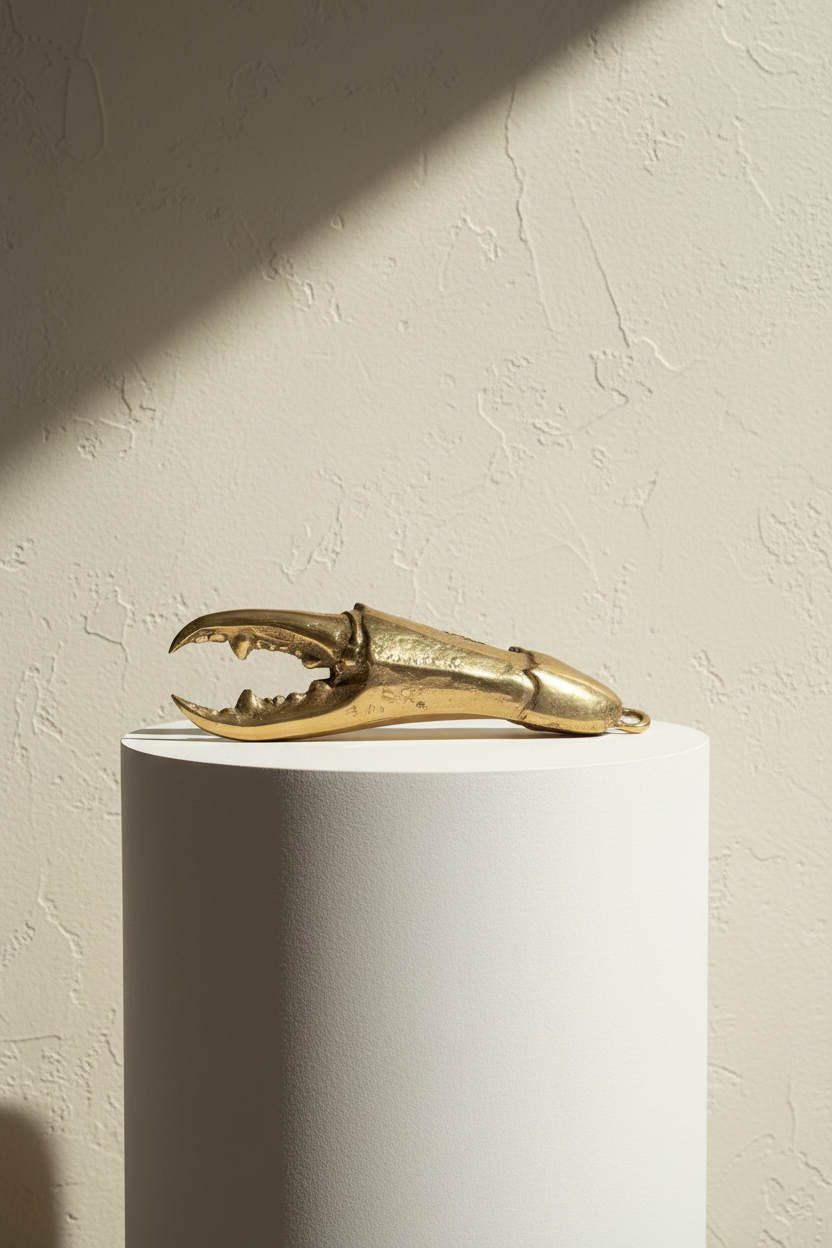 A gold lobster claw pendant or charm displayed on top of a white cylindrical pedestal against a textured beige wall with dramatic diagonal shadows.