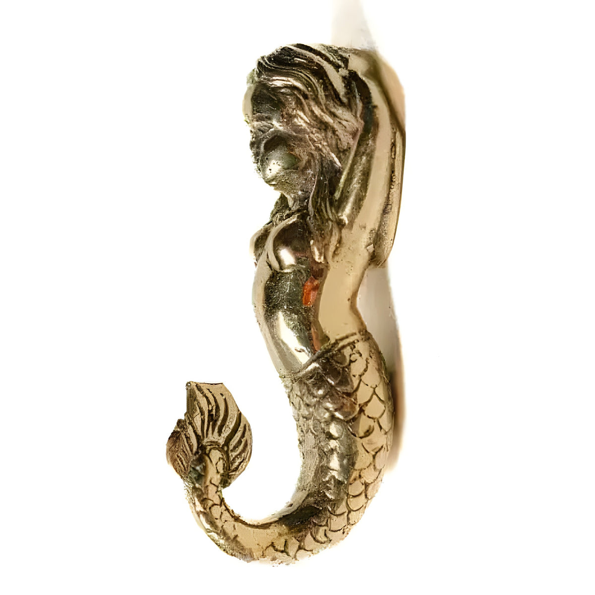 Polished brass mermaid wall hook side profile, flowing wavy hair, scaly tail curling to hook tip