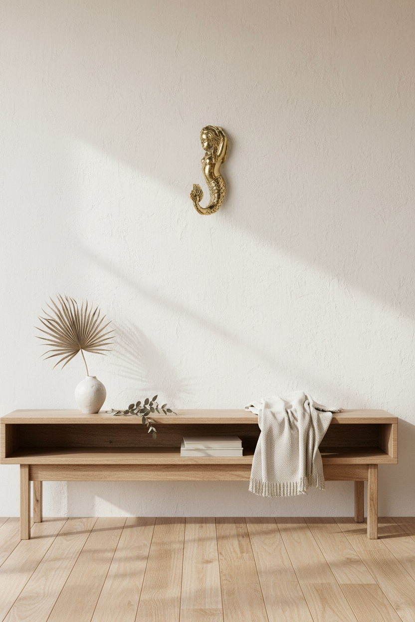 A styled interior scene with a light wood console bench against a textured off-white wall, a draped cream throw blanket, a white vase with a dried palm leaf, and a small gold wall decor piece above.