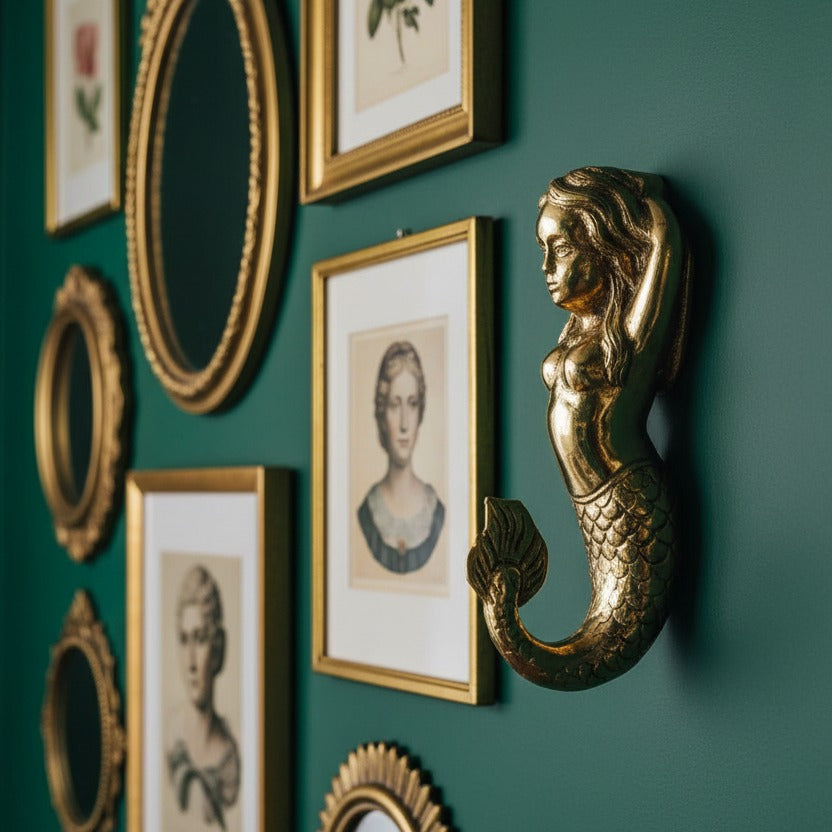 Solid Brass Mermaid Wall Hook styled in a room setting