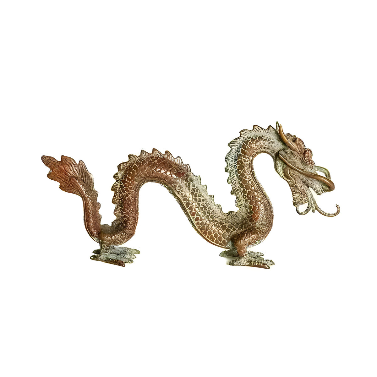 Majestic dragon sculpture in antique green patina, full serpentine body with scales and clawed feet