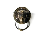 Brass royal pig door knocker with ornate pig head on decorative round plate, ring knocker below