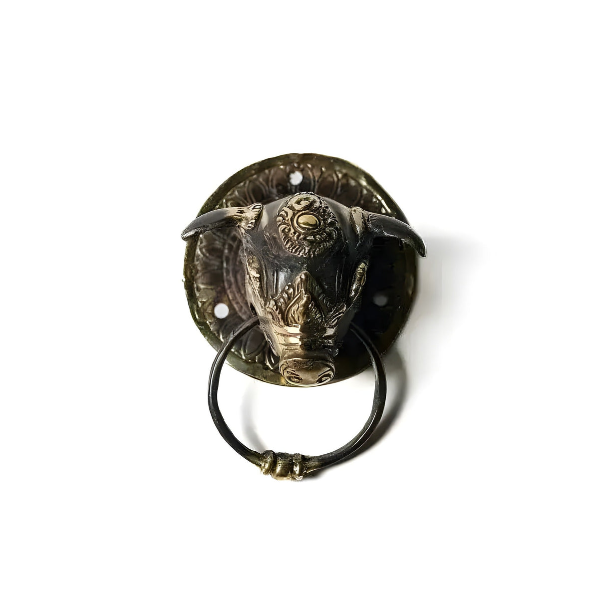 Brass royal pig door knocker with ornate pig head on decorative round plate, ring knocker below
