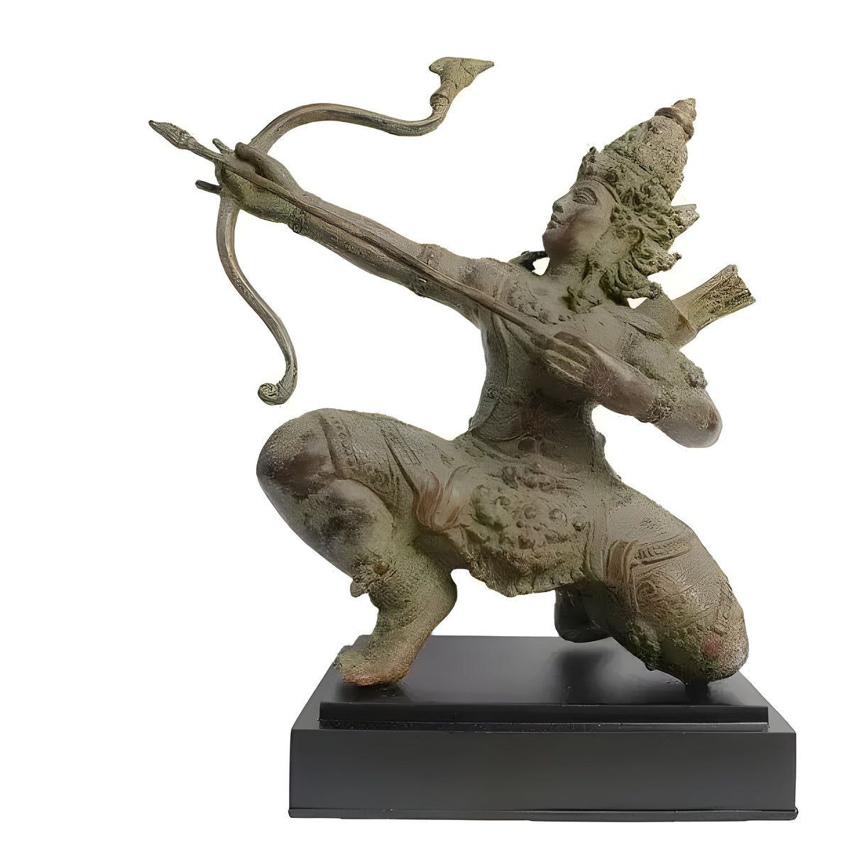 Arjuna bronze figurine kneeling and drawing bow, ornate crown, patterned garment, antique green, black base