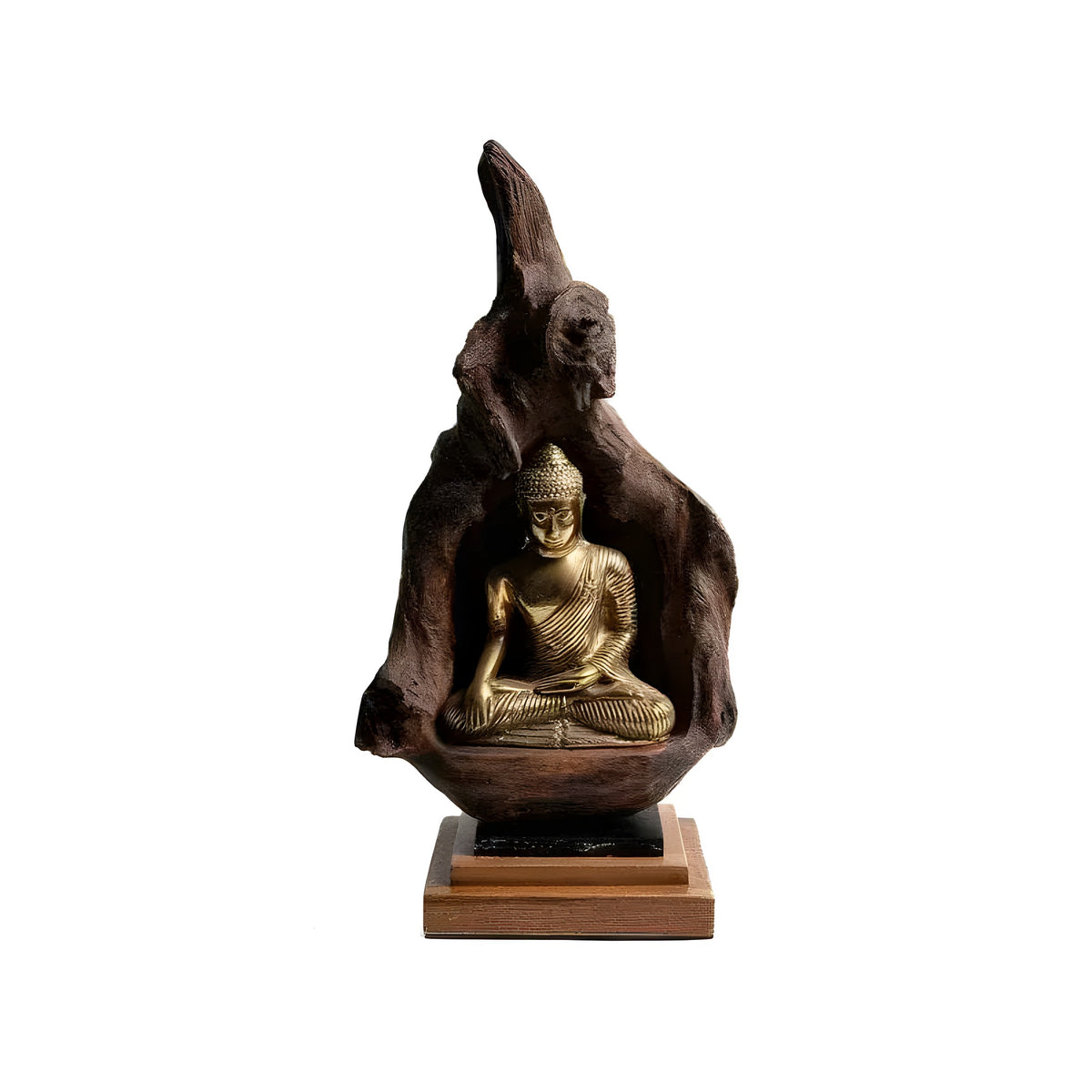 Polished brass meditating Buddha figurine nestled inside a carved driftwood hollow on dark base