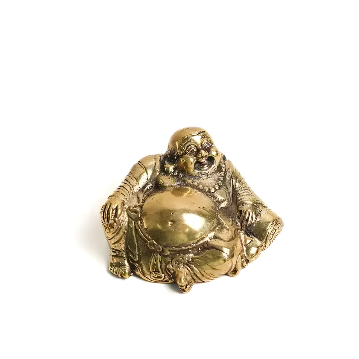 Polished gold mini laughing Buddha statue, seated front view, round belly, smiling face, white background