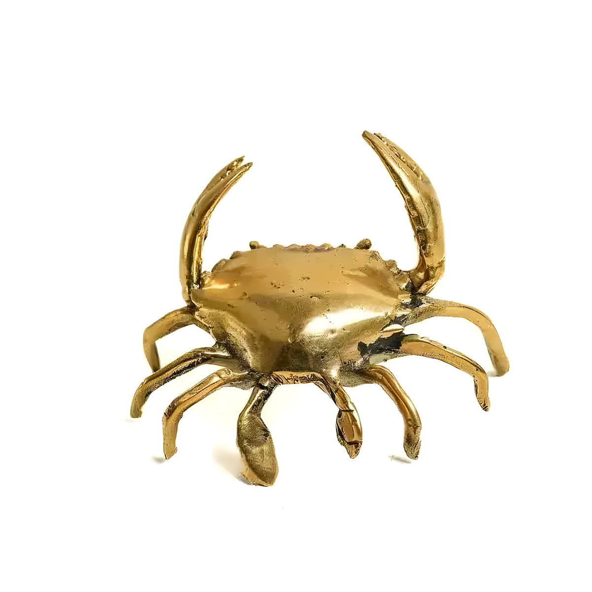 Brass crab miniature figurine, top view with claws raised and eight legs spread, golden finish