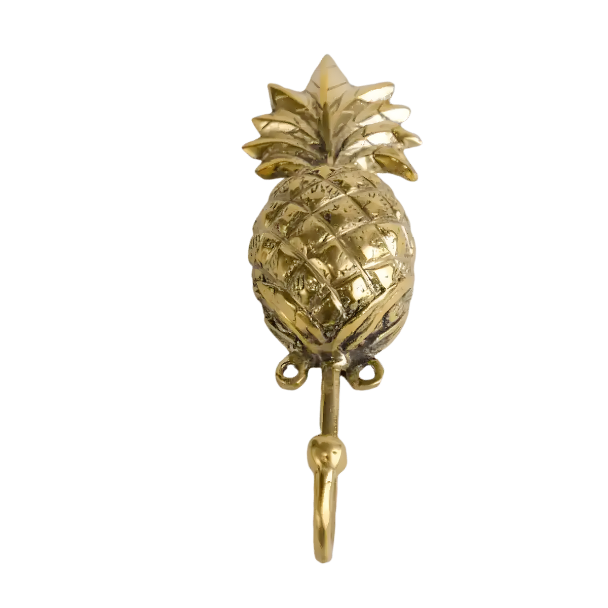Single polished gold brass pineapple wall hook, front view on grey background, textured fruit body and leafy crown
