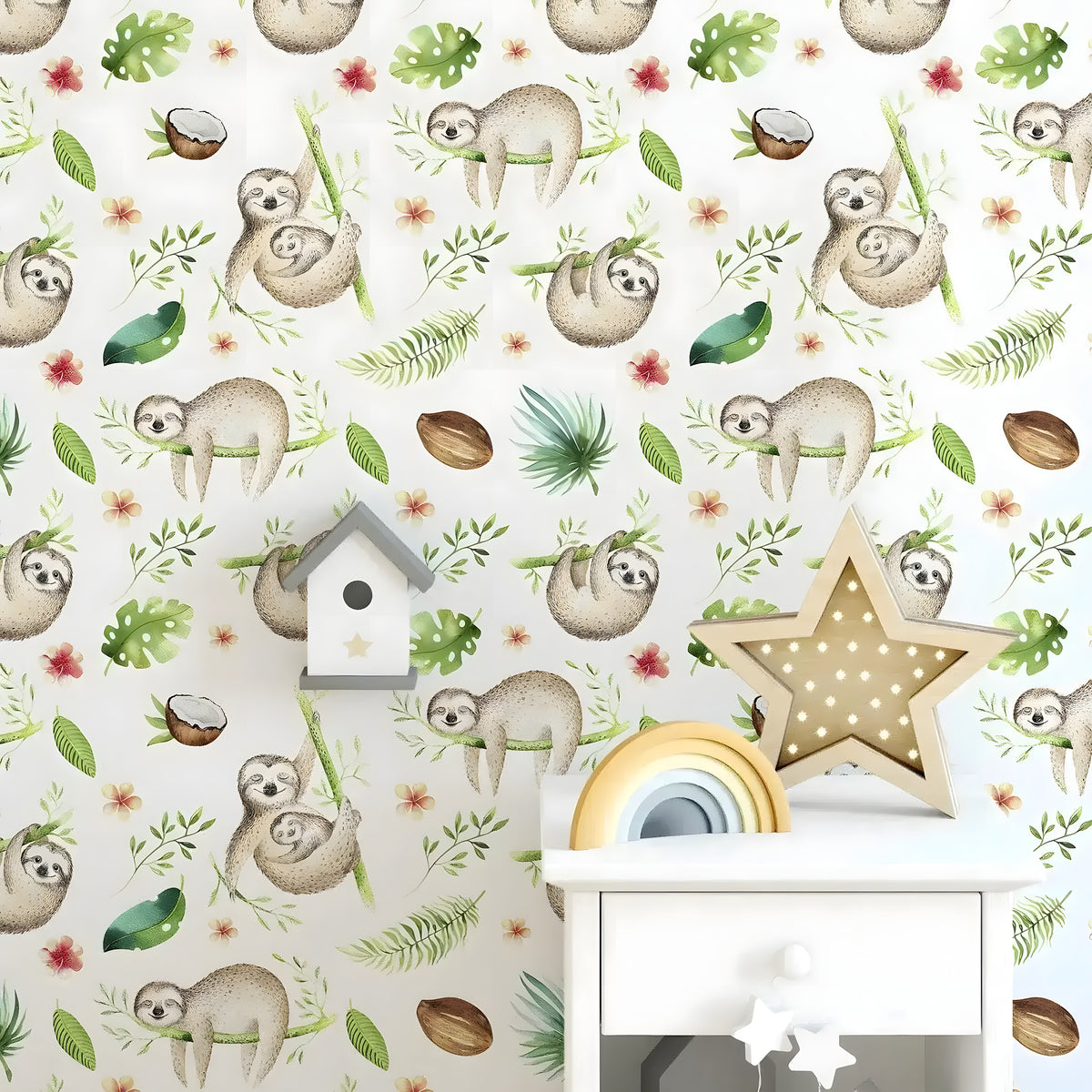 Cute baby sloth kids room wallpaper on full wall, watercolor sloths on branches with tropical leaves and flowers
