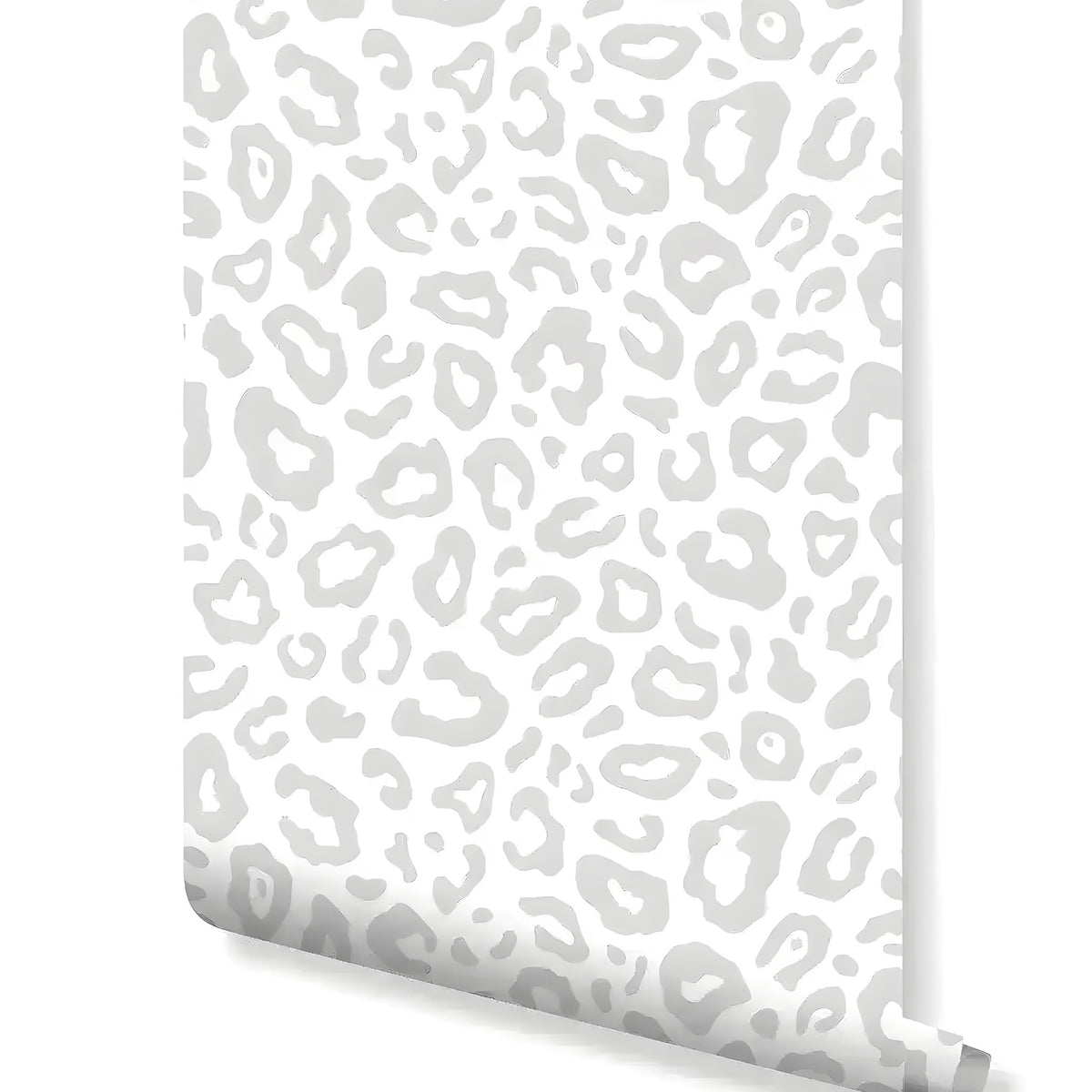 Rolled gray leopard spots wallpaper showing light gray animal print pattern on white, roll view