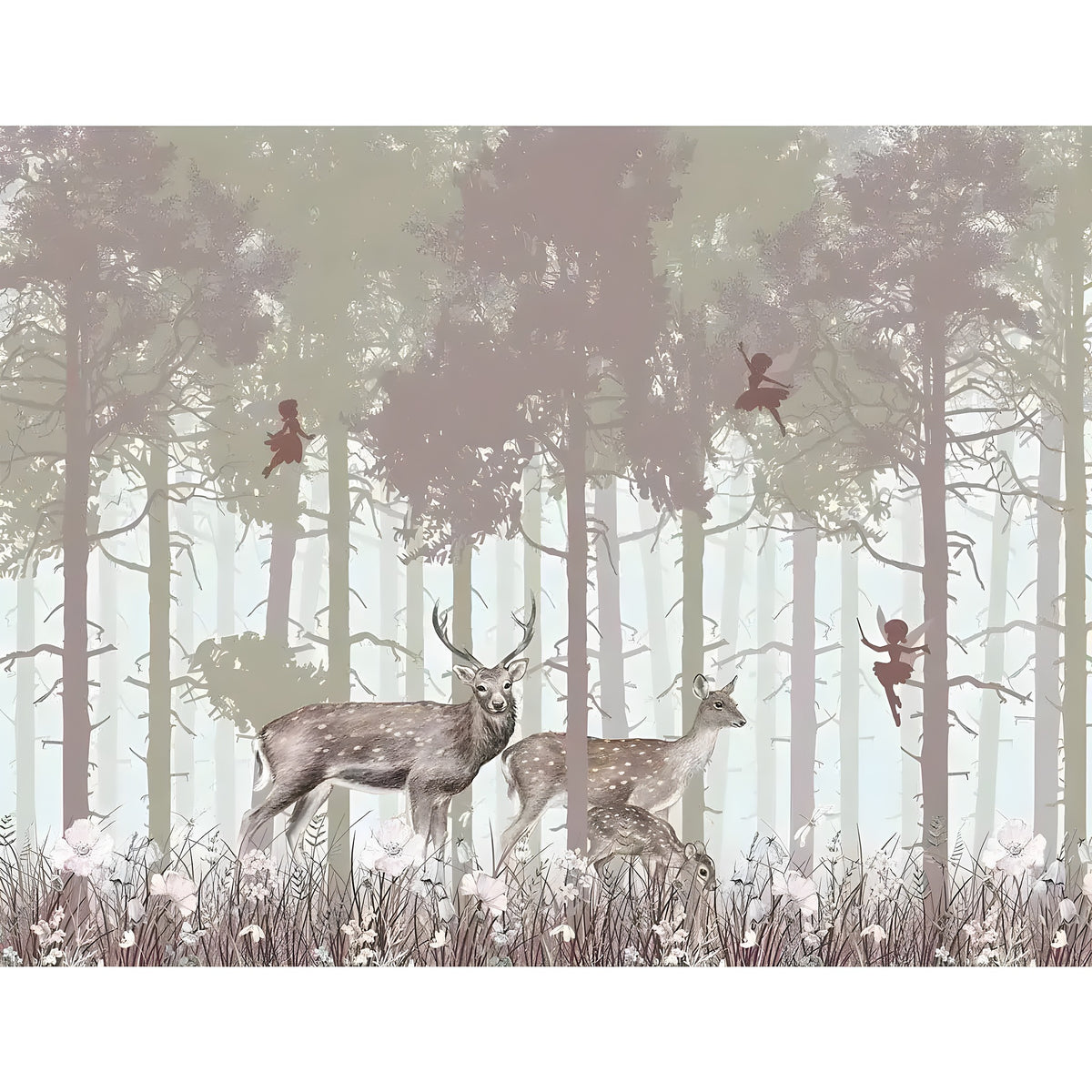 Flat artwork of the misty fairy forest wall mural showing deer among tall foggy pines with fairy silhouettes and pink wildflowers