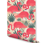 Geometric Tropical Pink Flamingo wallpaper roll showing bold pink flamingos and agave plants on cream geometric triangles