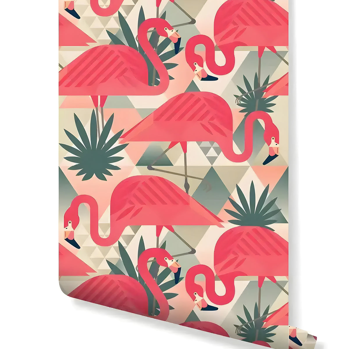 Geometric Tropical Pink Flamingo wallpaper roll showing bold pink flamingos and agave plants on cream geometric triangles