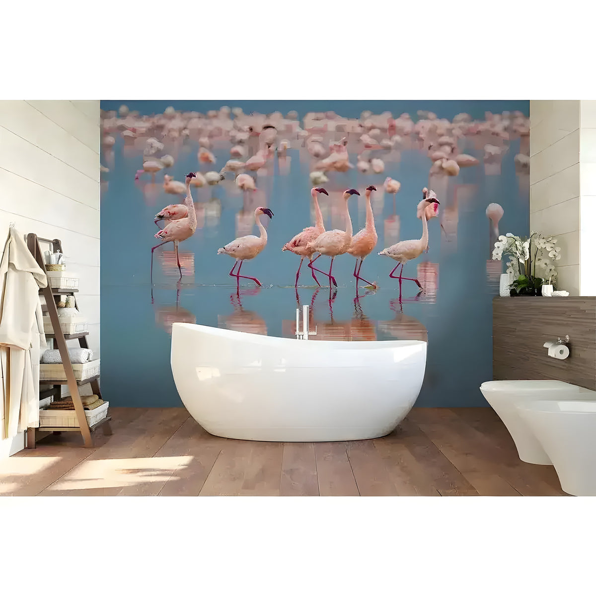 Luxury bathroom with soaking tub, tropical flamingo wall mural showing flock wading in blue water