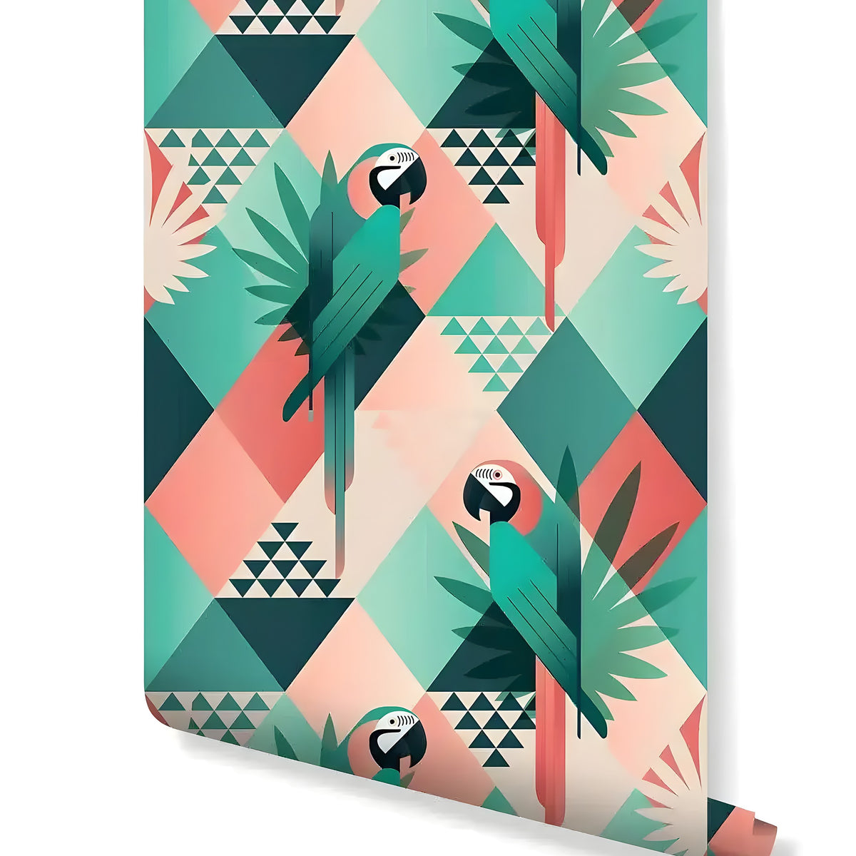 Tropical Mosaic Palm Leaves and Parrots wallpaper roll with teal and coral diamond mosaic pattern and green parrots