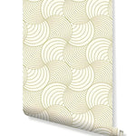 Abstract beige stripes and waves pattern on removable wallpaper, ideal for modern home decor.