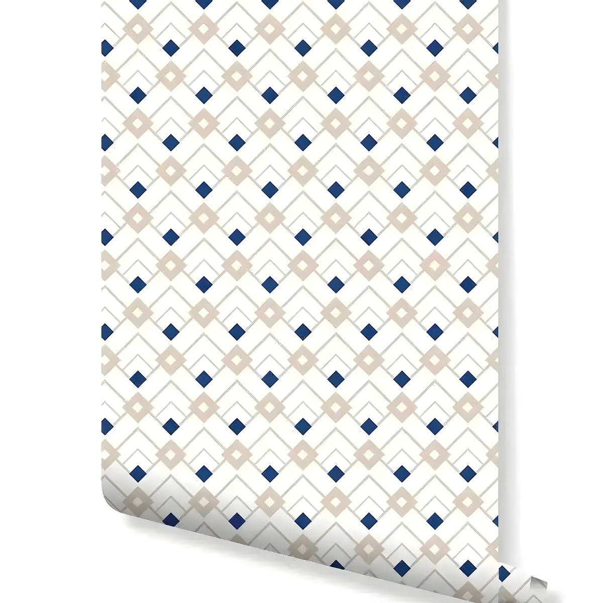 Rolled Art Deco geometric diamond wallpaper with navy blue diamond shapes on beige lattice and white background