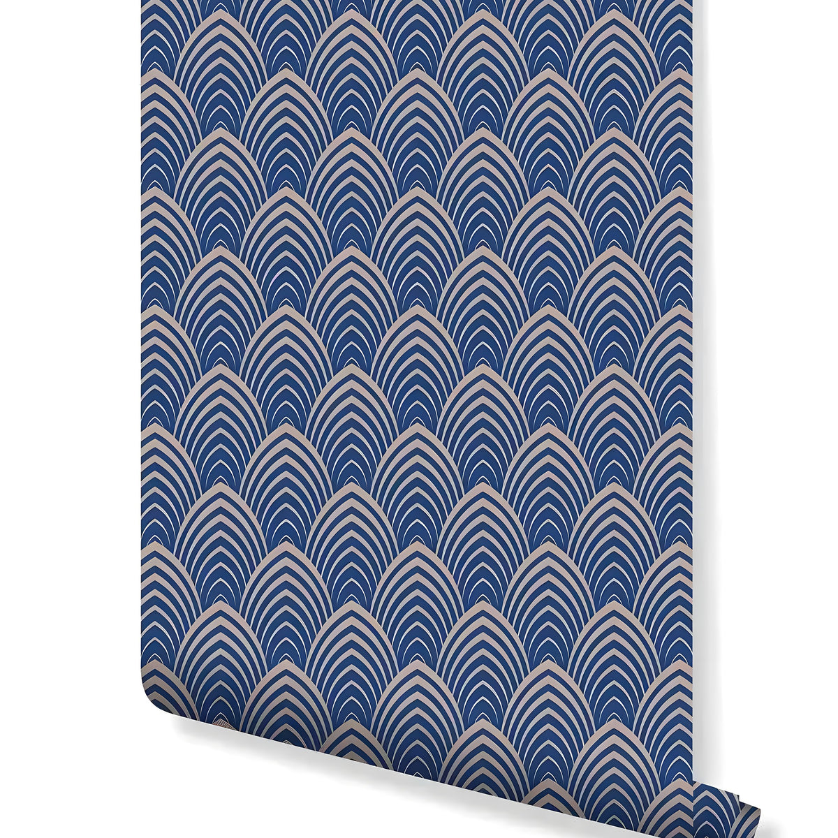 Art Deco Geometric Waves wallpaper roll showing navy blue scallop arches on beige, angled view