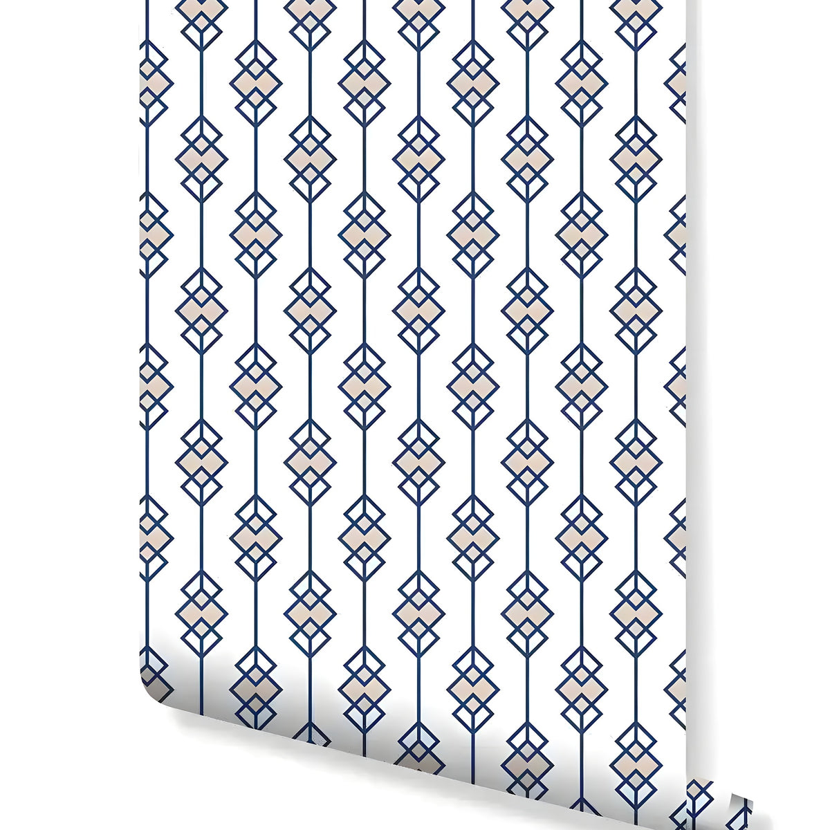 Rolled wallpaper of art deco interlocking diamonds in navy blue and beige on white, vertical chain-diamond columns