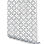 Rolled blue and gold flower tiles wallpaper, geometric interlocking diamond medallion pattern in navy and gold