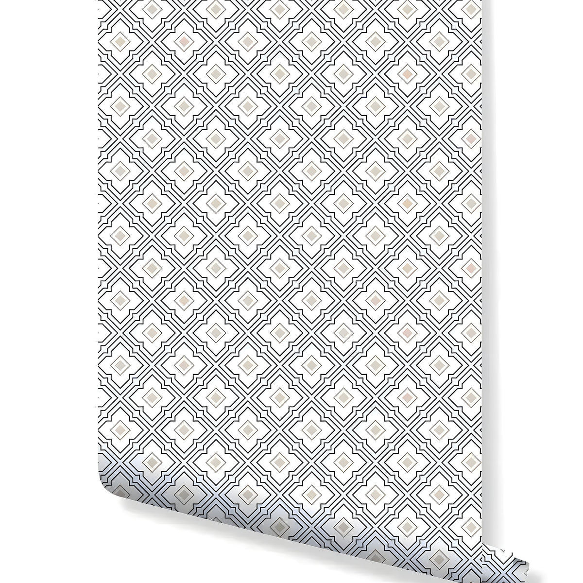 Rolled blue and gold flower tiles wallpaper, geometric interlocking diamond medallion pattern in navy and gold