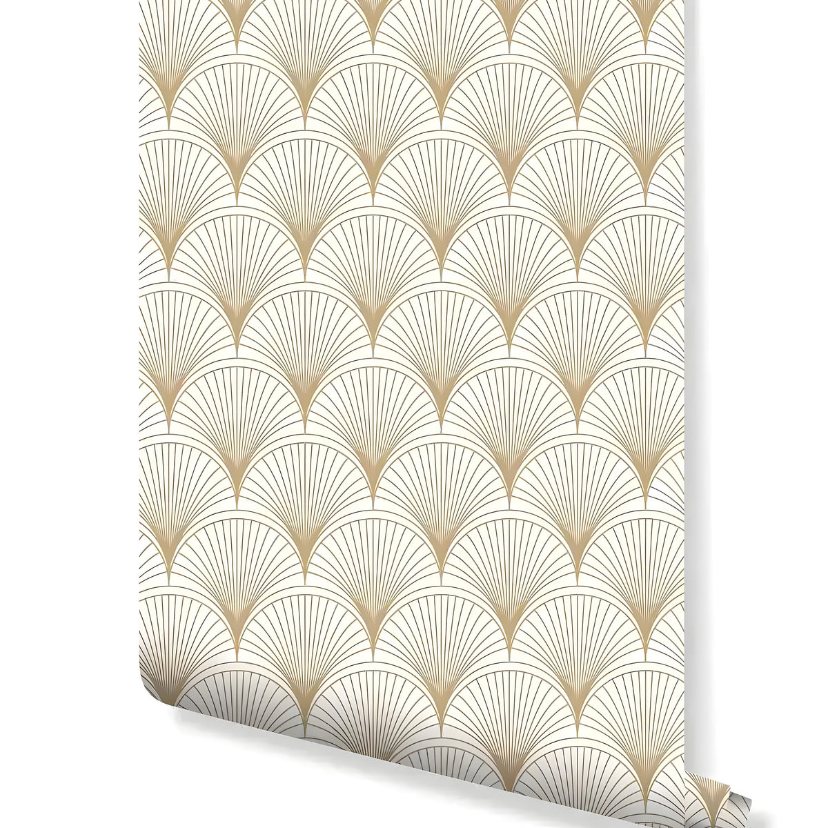 Roll of luxury gold scallops wallpaper showing repeating art deco fan arch pattern on white ground