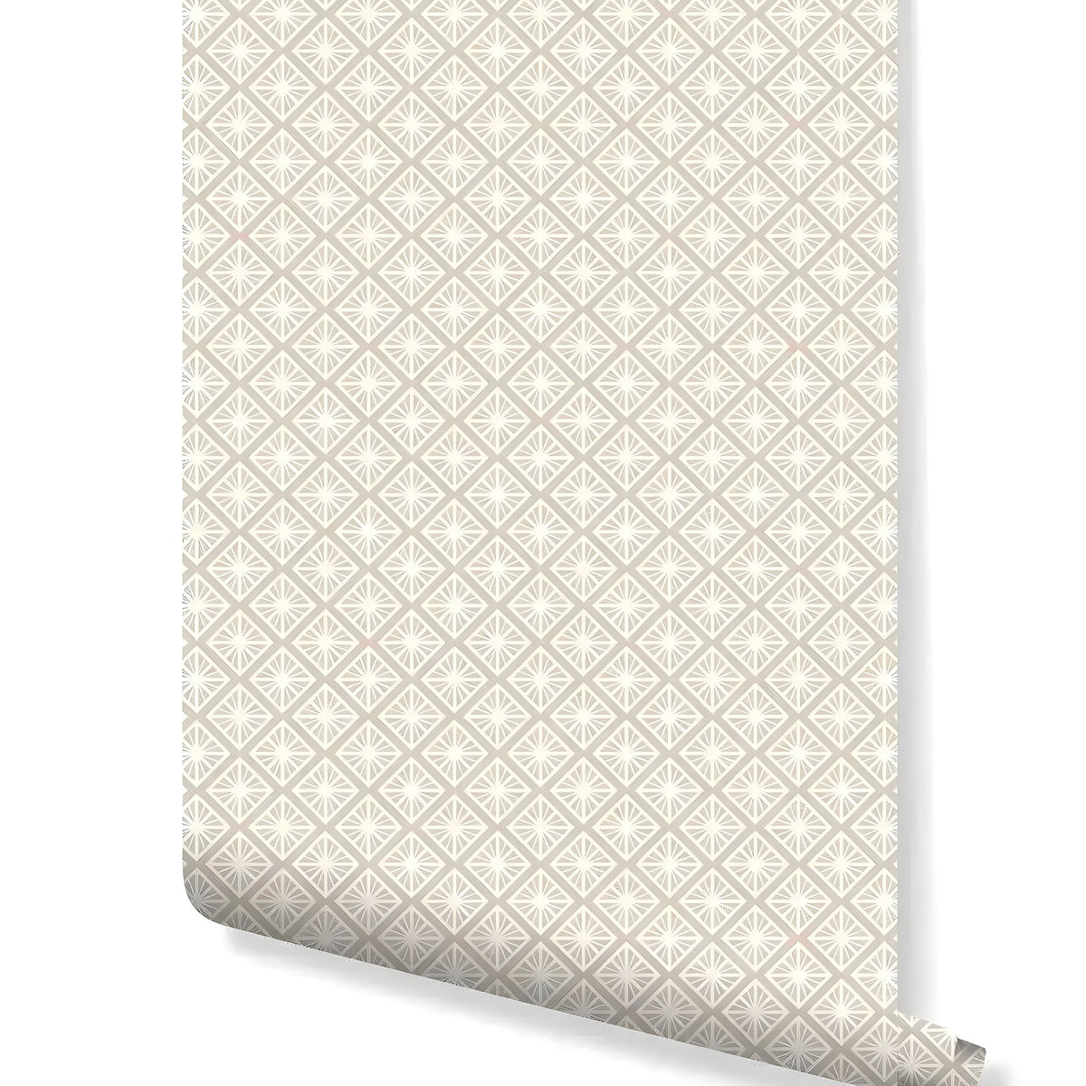 Rolled wallpaper swatch of geometric floral art deco pattern in beige and white repeating starbursts on white
