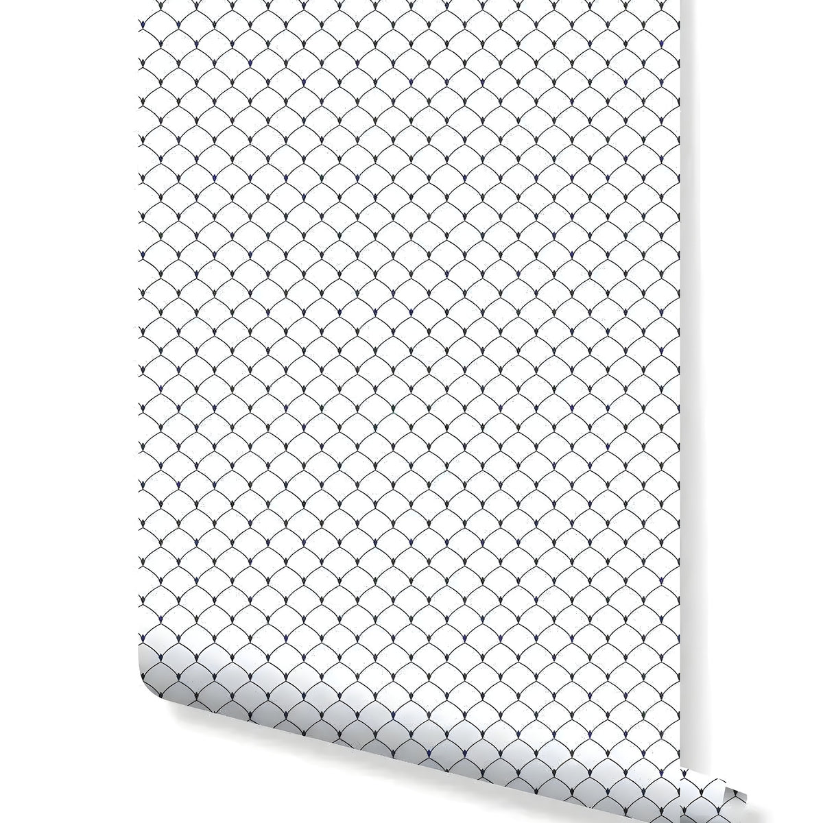 Rolled art deco geometric scallop wallpaper, overlapping fan-shaped scales in navy on white background