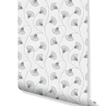Rolled art deco minimalistic flowers wallpaper — dark blue outlined fan blossoms on dashed stems, white background