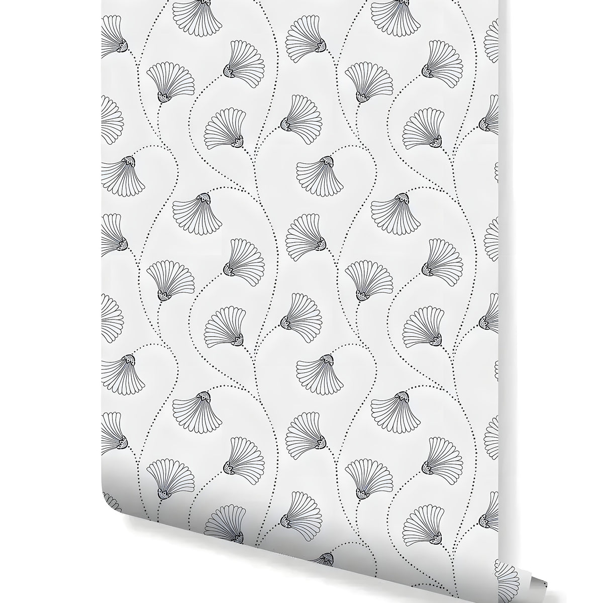Rolled art deco minimalistic flowers wallpaper — dark blue outlined fan blossoms on dashed stems, white background