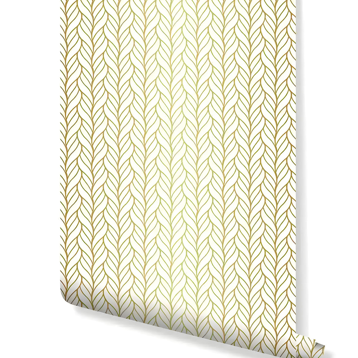 Rolled art deco golden retro braids wallpaper showing vertical gold braided stripe pattern on a white background