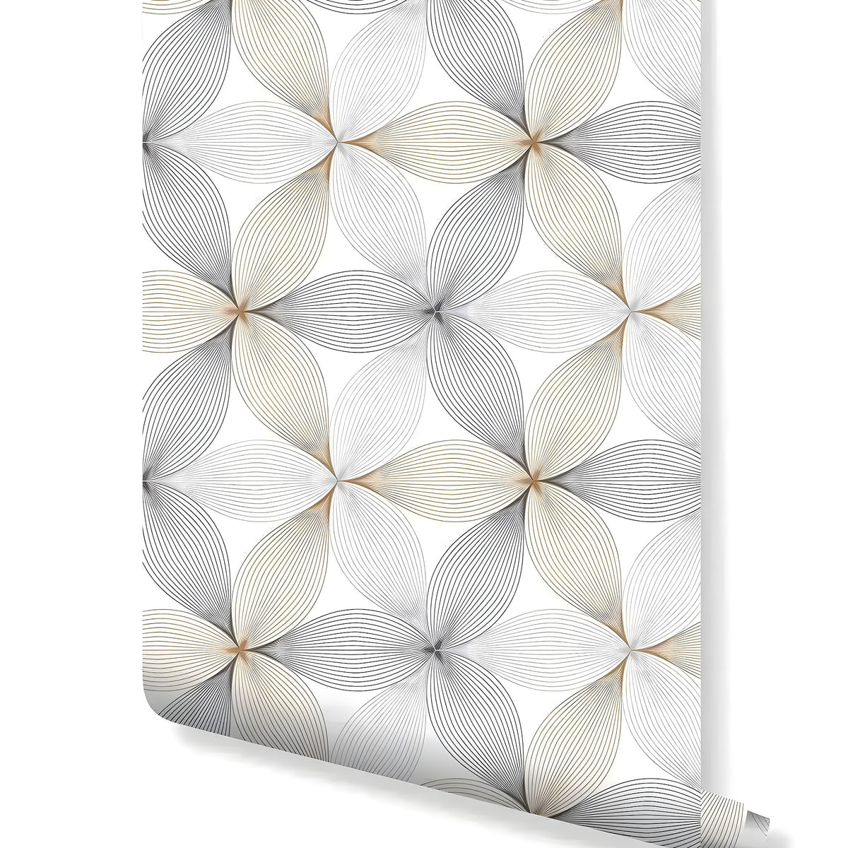Rolled wallpaper with geometric floral linear petal pattern in silver-gray and gold on white