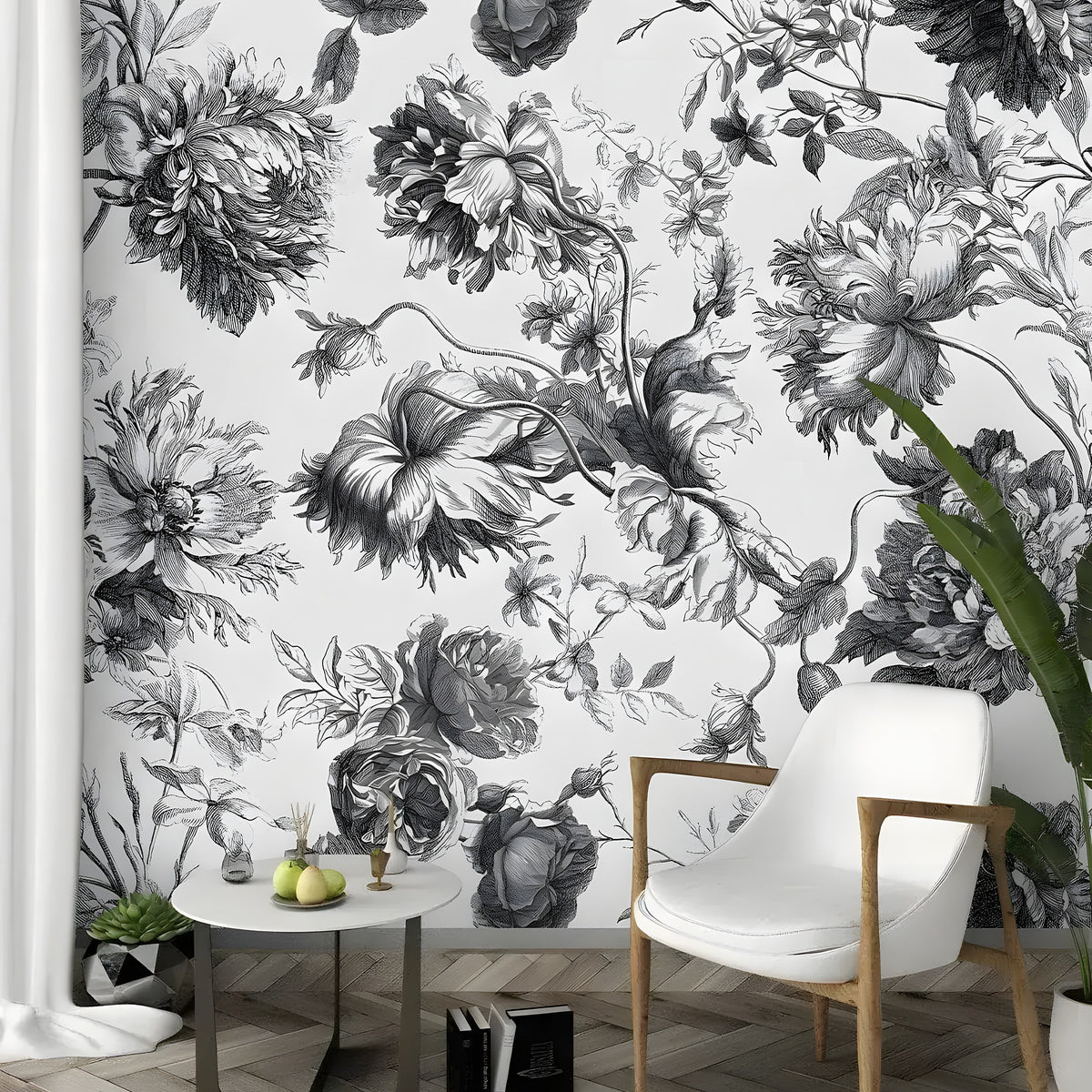 Black and white French Toile floral mural shown in a room behind a white chair and side table