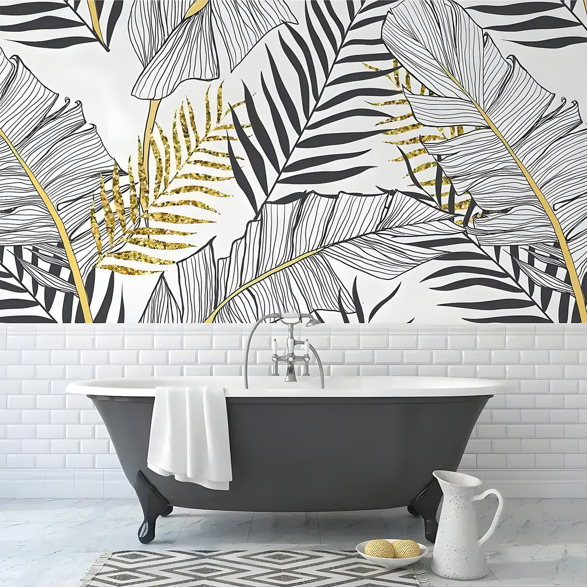 Oversized black gold palm mural above vintage clawfoot tub, line-drawn leaves with gold fronds