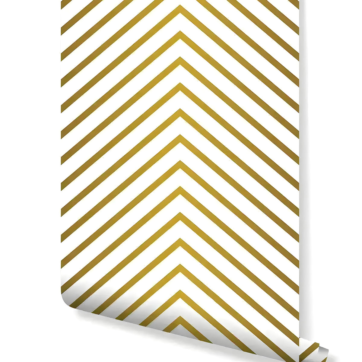Black-and-white overlapping leaf chevron pattern wallpaper styled in a bedroom with white bed and framed art