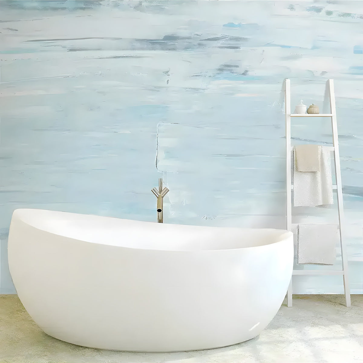 Blue acrylic brush stroke decal in a bathroom, soft horizontal blue paint strokes behind a white oval tub