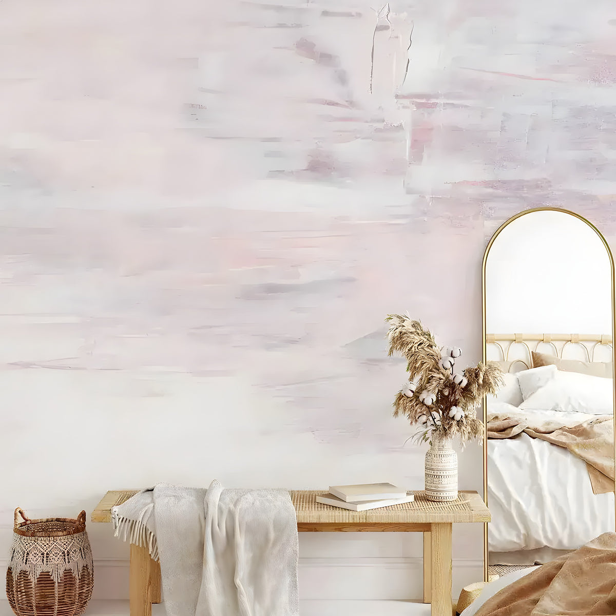 Pink acrylic brush strokes decal covering bedroom wall behind bench, mirror, and rattan decor