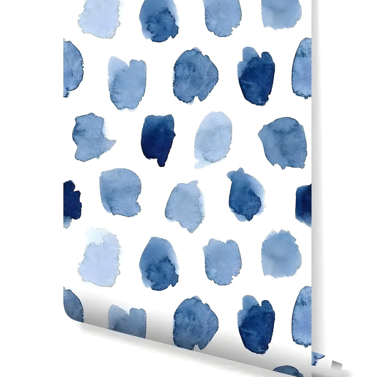 Rolled sample of blue watercolor spots wallpaper, indigo and periwinkle ink blot shapes on white