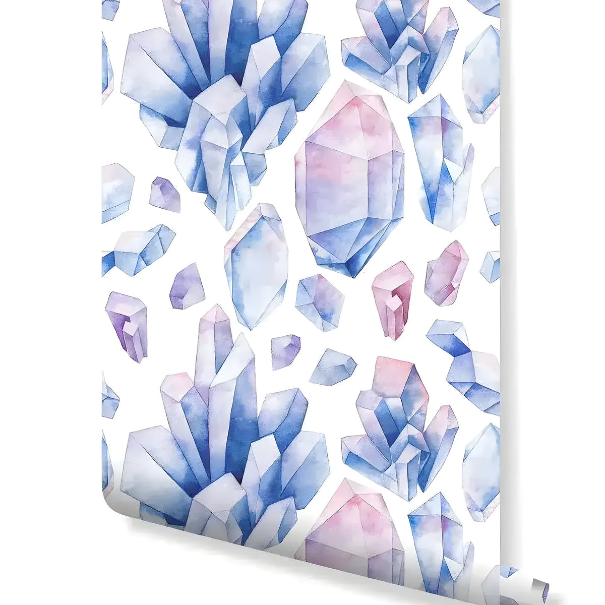 Wallpaper roll with blue and pink watercolor crystals and minerals in a scattered pattern on white