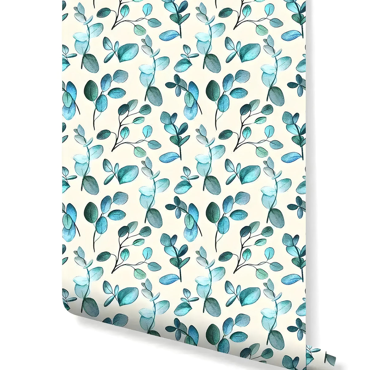 Roll of aqua blue green twigs leaves removable wallpaper with watercolor teal eucalyptus sprigs on cream background