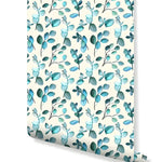 Roll of aqua blue green twigs leaves removable wallpaper with watercolor teal eucalyptus sprigs on cream background