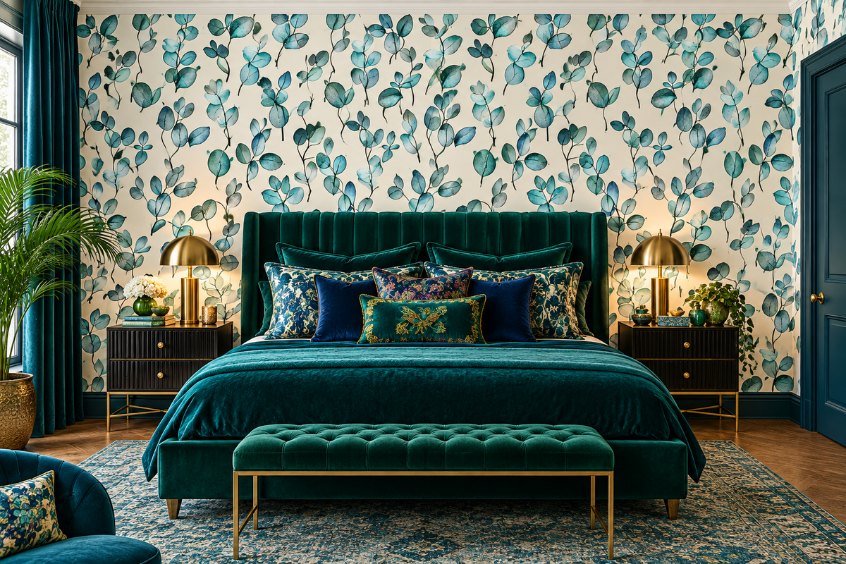 Aqua Blue Green Twigs Leaves Removable Wallpaper
