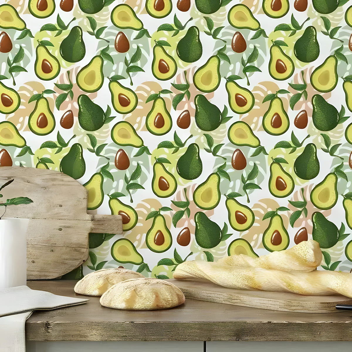 Yellow green avocado kitchen wallpaper in a kitchen with repeating avocado pattern, rustic wood counter below