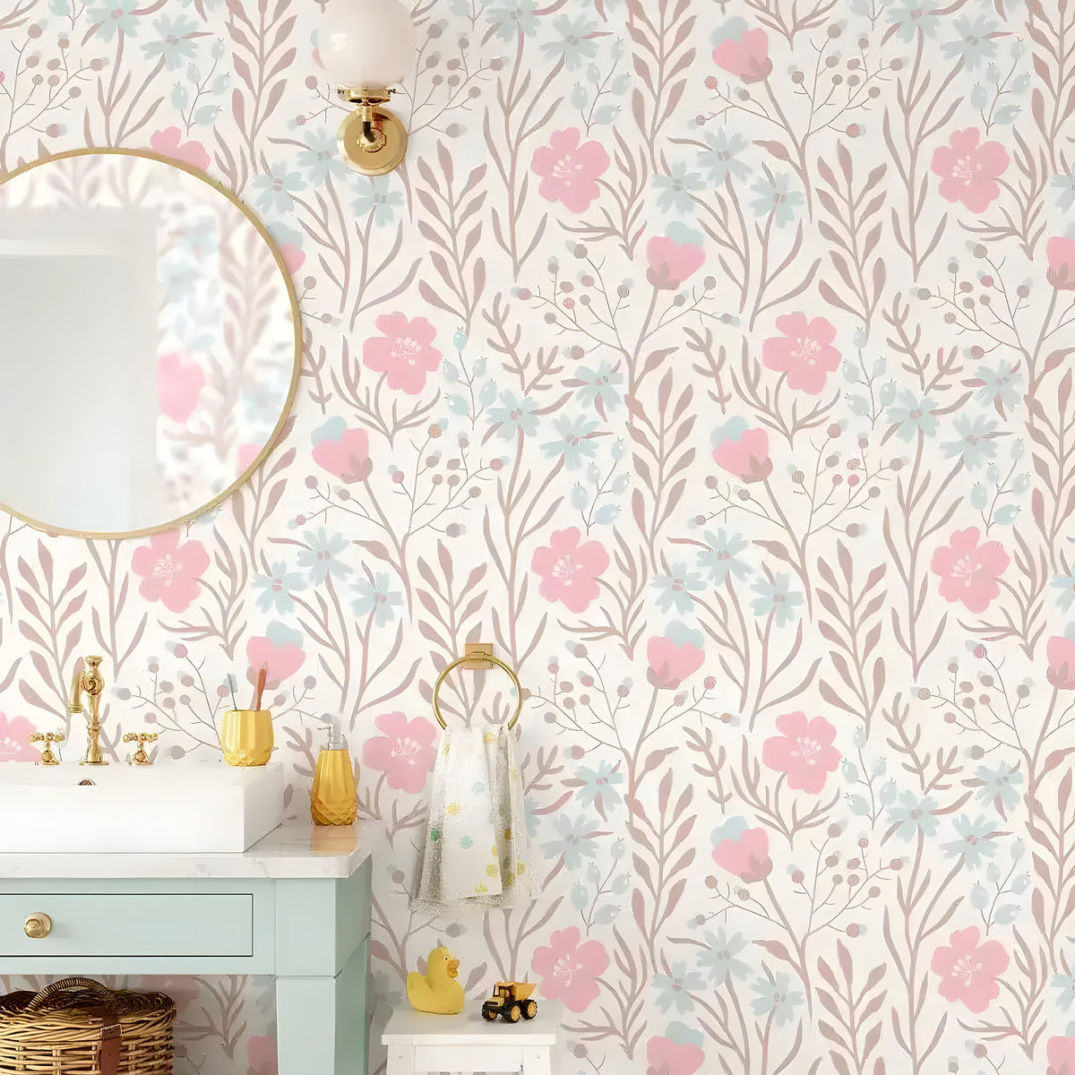 Nursery floral wallpaper in a child's bathroom with pink and blue flowers, gold fixtures and round mirror
